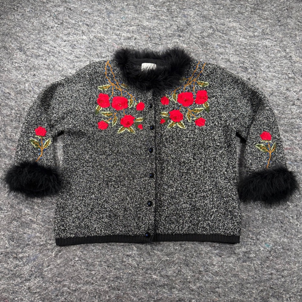 Just B Vintage Floral Embroidered Cardigan Faux Fur Trim Rose Salt Pepper XL
